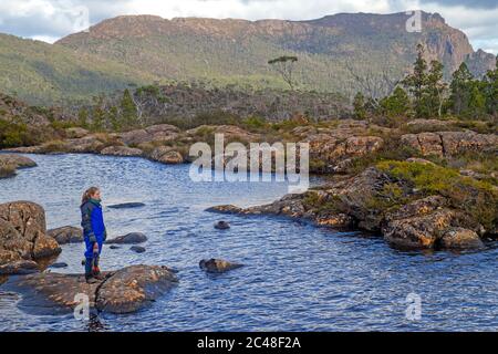 Escursionista nel Labyrinth, Cradle Mountain-Lake St Clair National Park Foto Stock