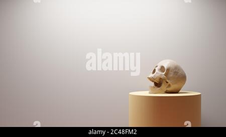 cranio 3d in camera pallida su base marrone-chiaro in contemplazione di mortalità, illustrazione 3d Foto Stock