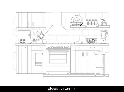 Interni cucina, illustrazione vettoriale in stile line art Illustrazione Vettoriale