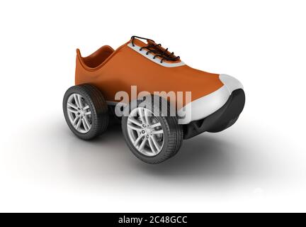 Rappresentazione in 3D delle ruote di un'auto su una scarpa sportiva Foto Stock