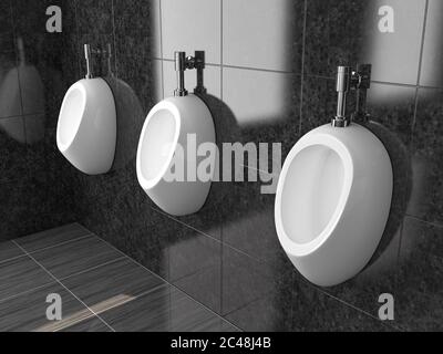 Orinatoi in ceramica bianca. Su sfondo nero tessere. wc pubblico. illustrazione del rendering 3d Foto Stock