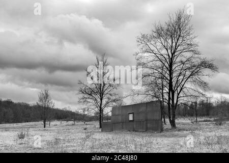 recinzione di confine interna tedesca in bianco e nero nella foresta Foto Stock