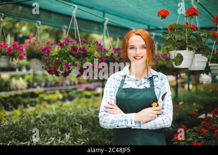 Bel fiorista sorridente in grembiule in piedi con forbici da giardino in mano. Giovane donna che guarda gioiosamente in macchina fotografica mentre lavora con i fiori Foto Stock