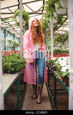 Bella donna sorridente con capelli ricci rosso che cammina in impermeabile rosa e felicemente da parte mentre si passa il tempo in serra Foto Stock