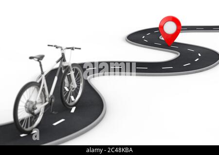 La bici di montagna bianca e nera segue la strada tortuosa per il puntatore di destinazione Red pin alla fine della strada su uno sfondo bianco. Rendering 3d Foto Stock