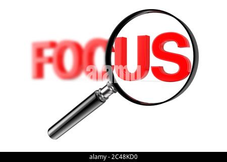Lente di ingrandimento Focus Glass Concept con segno di messa a fuoco rosso sfocato su sfondo bianco. Rendering 3d Foto Stock
