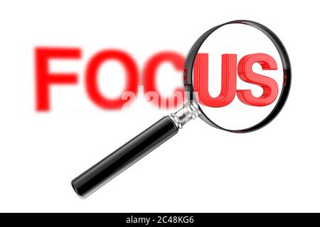 Lente di ingrandimento Focus Glass Concept con segno di messa a fuoco rosso sfocato su sfondo bianco. Rendering 3d Foto Stock