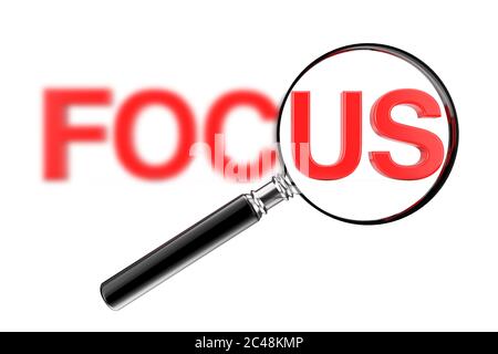 Lente di ingrandimento Focus Glass Concept con segno di messa a fuoco rosso sfocato su sfondo bianco. Rendering 3d Foto Stock