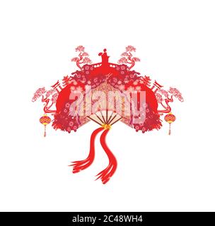 Astratto ventilatore decorativo con ragazza asiatica Illustrazione Vettoriale