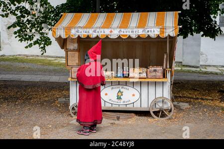 Tallinn, Estonia - 07 luglio 2019: La ragazza di stile di vita della città vende mandorle arrostite nella città vecchia di Tallinn Street cafe per un viaggio turistico al Baltico t Foto Stock