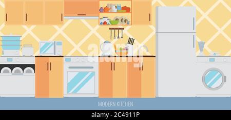 interni cucina con mobili e utensili da cucina. illustrazione vettoriale in stile piatto Illustrazione Vettoriale