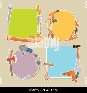 Set adesivi per riparazioni e costruzioni con utensili da lavoro. Illustrazione Vettoriale