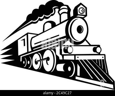 Illustrazione in bianco e nero di una locomotiva a vapore vintage o treno che accelera a piena velocità che arriva lo spettatore in avanti su sfondo isolato in REPR Illustrazione Vettoriale