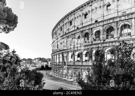 Colosseo o Colosseo. Alba mattutina all'enorme anfiteatro romano, Roma, Italia immagine in bianco e nero. Immagine in bianco e nero. Foto Stock