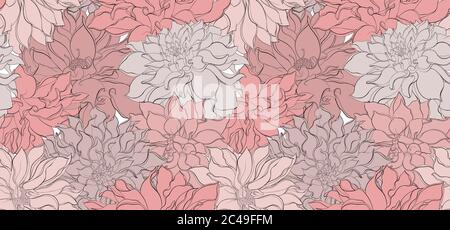 Splendido sfondo senza cuciture con fiori rosa. Linee di contorno nere e tratti disegnati a mano. Illustrazione Vettoriale