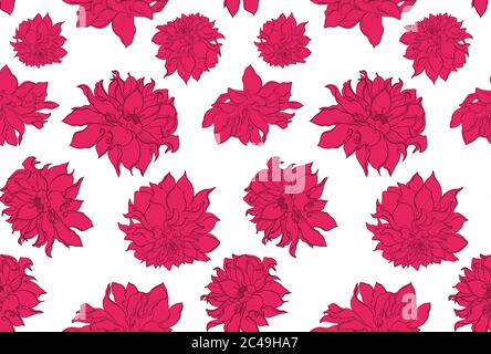 Splendido sfondo senza cuciture con fiori rosa. Linee di contorno nere e tratti disegnati a mano Illustrazione Vettoriale