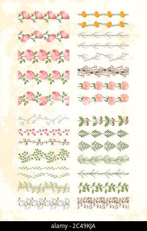 Grande set di bordi botanici di ripetizione. Disegno vintage con rosa, dente di leone giallo, ramo foglia, fiore lilla, fiore ciliegio, piselli dolci, felce, pony rosa per nastro, carta, tessuto, cartolina. Illustrazione Vettoriale