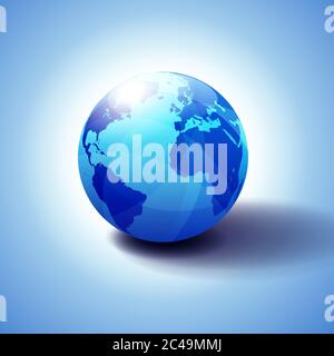 Europa, Nord e Sud America, Africa mondo globale, icona globo illustrazione 3D, sfera lucida e lucida con mappa globale in blu sottile che dà un transp Illustrazione Vettoriale