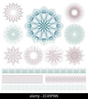 Set di elementi decorativi guilloche. Illustrazione vettoriale. Illustrazione Vettoriale