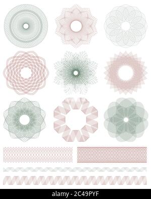 Set di elementi decorativi guilloche. Illustrazione vettoriale. Illustrazione Vettoriale