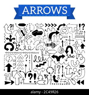 Frecce a forma di doodle, segni di esclamazione e punti interrogativi Illustrazione Vettoriale