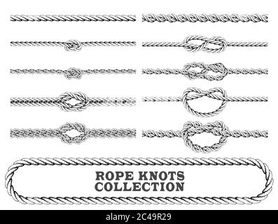 Raccolta nodi corda. Overhand, figura di otto e nodo quadrato. Elementi decorativi senza cuciture. Illustrazione vettoriale. Illustrazione Vettoriale