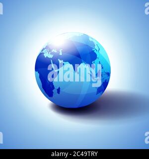 India, Africa, Cina, Oceano Indiano, mondo globale, icona globo illustrazione 3D, lucida, sfera lucida con mappa globale in blu sottile che dà una trasparenza Illustrazione Vettoriale