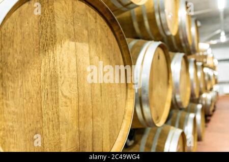 Messa a fuoco selettiva. Fila di grandi botti di vino rosso di quercia francese in un moderno magazzino di vini Foto Stock