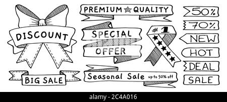 Set di striscioni, bandiere, nastri e tag Doodle, disegnati a mano con linea sottile Illustrazione Vettoriale