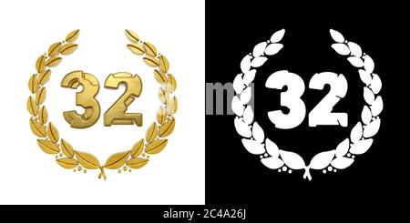 Numero d'oro 32 (numero trentadue) con ramo d'alloro con canale alfa. Illustrazione 3D Foto Stock