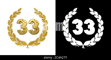 Numero d'oro 33 (numero trentatre) con ramo d'alloro con canale alfa. Illustrazione 3D Foto Stock