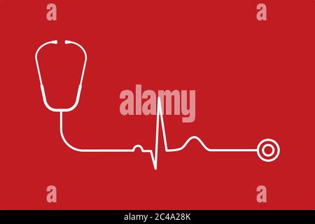 Stetoscopio con linea del polso su sfondo rosso. Auscultazione del battito cardiaco. Elettrocardiogramma. Cardiologia medico di base. Ritmo sinusale normale. Vettore Illustrazione Vettoriale