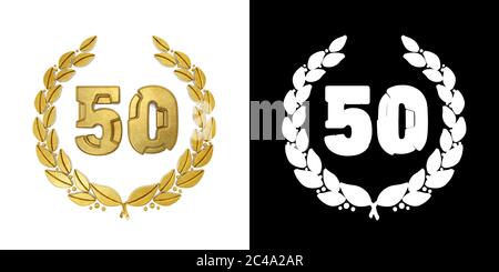 Numero d'oro 50 (numero cinquanta) con ramo d'alloro con canale alfa. Illustrazione 3D Foto Stock