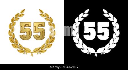 Numero d'oro 55 (numero cinquantacinque) con ramo d'alloro con canale alfa. Illustrazione 3D Foto Stock