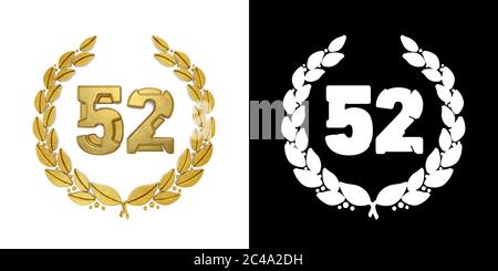 Numero d'oro 52 (numero cinquantadue) con ramo d'alloro con canale alfa. Illustrazione 3D Foto Stock