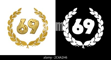 Numero d'oro 69 (numero sessantanove) con ramo d'alloro con canale alfa. Illustrazione 3D Foto Stock
