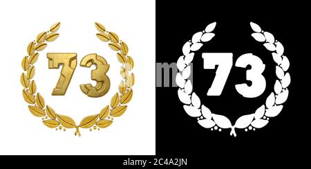 Numero d'oro 73 (numero settantatre) con ramo d'alloro con canale alfa. Illustrazione 3D Foto Stock