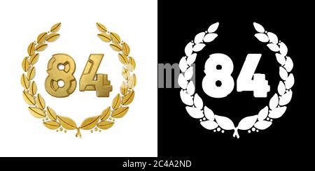 Numero d'oro 84 (numero ottantaquattro) con ramo d'alloro con canale alfa. Illustrazione 3D Foto Stock