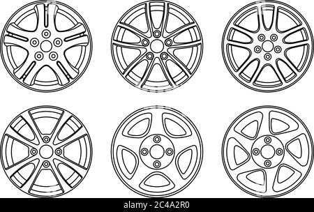 Set di icone del cerchione della ruota. Linea sottile vettoriale Illustrazione Vettoriale