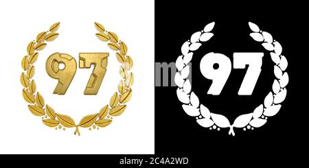 Numero d'oro 97 (numero novantasette) con ramo d'alloro con canale alfa. Illustrazione 3D Foto Stock