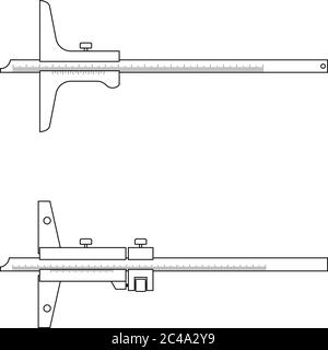 Set di calibro di profondità del nonio. Vettore di linea sottile Illustrazione Vettoriale