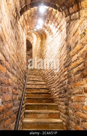 Scalinata stretta in cantina vecchia con pareti in mattoni. Foto Stock
