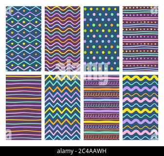 Collezione di motivi senza giunture disegnate a mano su sfondo scuro. Linee e punti astratti. Motivo colorato. Vettore EPS10. Illustrazione Vettoriale