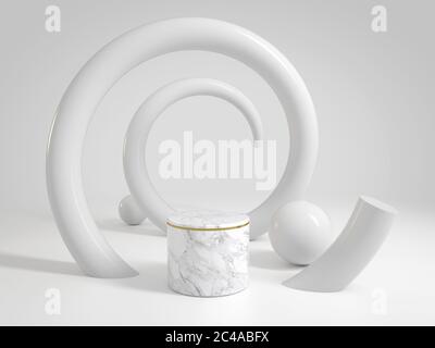 Elegante palco in marmo bianco pulito per prodotti da esposizione o cosmetici con curva elicoidale, illustrazione 3d Foto Stock