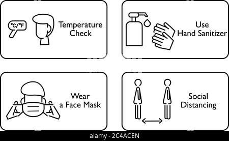 Coronavirus COVID-19 icona di politica di prevenzione per riaprire ristorante o negozio : controllo della temperatura, utilizzare disinfettante per le mani, indossare una maschera, mantenere la distanc sociale Illustrazione Vettoriale