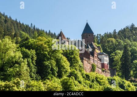 Castello di Zwingenberg, Zwingenberg, Valle del Neckar, Baden-Wuerttemberg, Germania. Foto Stock