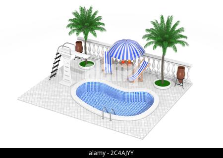 Concetto di vacanza. Piscina isometrica, mini bar e palme su sfondo bianco. Rendering 3d Foto Stock