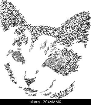 Ritratto di gatto composto da parole 'gatto', in bianco e nero. Parole composte a forma di gatto. Scritta decorativa immagine vettoriale gatto. Design del logo Illustrazione Vettoriale