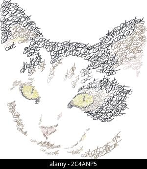 Ritratto di gatto composto da parole 'gatto'. Parole composte a forma di gatto. Scritta decorativa immagine vettoriale gatto. Concetto di design del logo. Illustrazione Vettoriale