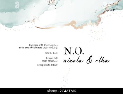 Offerta di nozze alcol inchiostro blu verde e oro concetto. Poster del flusso di liquido morbido, invito. Biglietto d'auguri decorativo vettoriale o invito a disegno backgrou Illustrazione Vettoriale